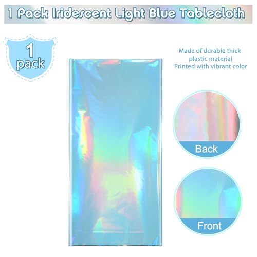 Image of 1 Pack Iridescent Light Blue Tablecloth for Parties, Pastel Blue Holographic Plastic Table Cover, Disposable Laser Baby Blue Table Cloth for Birthday Wedding Baby Shower Party Decorations, 54x108 Inch