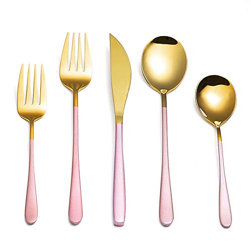 ArderLive Silverware Set, 20-Piece Stainless Steel Flatware Set Service for 4, Anti-Rust Mirror Polished Cutlery Set, Tableware Cutlery Set for Home Kitchen Hotel Restaurant (Pink+Golden)