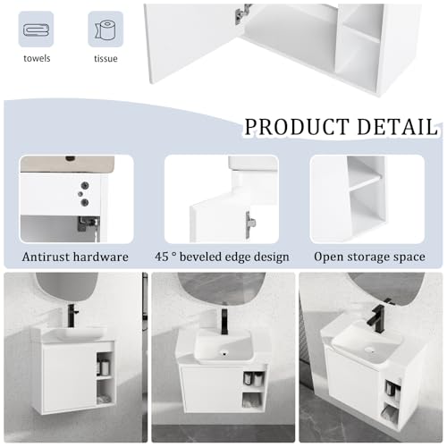 Image of 24 inch Bathroom Vanity with Ceramic Sink, Modern Wall-Mounted Bathroom Vanity with Soft-Close Door & 2 Open Storage Shelves, Farmhouse, Undermount Storage Cabinet, Easy to Clean, Glossy White