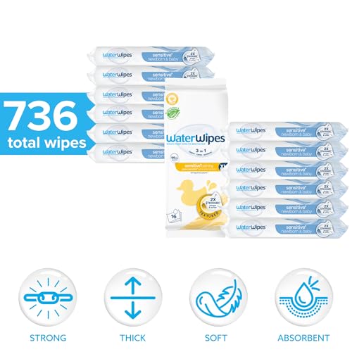 Image of WaterWipes Bundle, Original 720 Count (12 packs) & XL Bathing Wipes 16 Count (1 pack), Plastic-Free, 99.9% Water Based Wipes, Unscented, Hypoallergenic for Sensitive Skin, Packaging May Vary