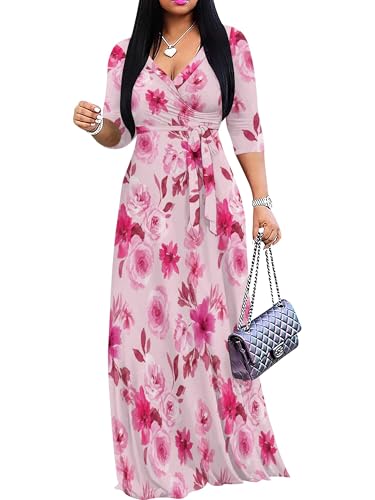 Image of Plus Size Dresses for Women Floral Print Maxi Dress Flowy 3 /4 Sleeve with Belt