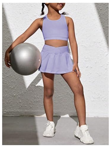 Image of SOLY HUX Toddler Girl's 2 Piece Workout Outfits Lightweight Crop Tank Tops and Skort Athletic Set Plain Purple 6Y