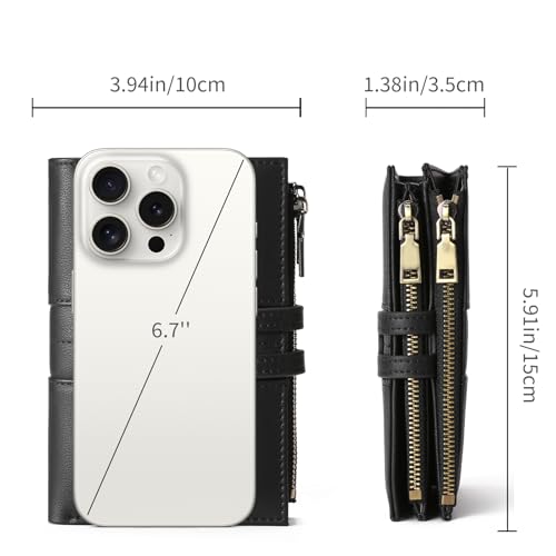 Genuine Leather Wallet for Women RFID Blocking Bifold with Double Zipper Pockets & 4 ID Windows (Black)4