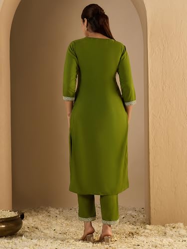 Image of INDO ERA Women's Viscose Rayon Floral Embroidered Straight Calf Length Kurta & Pant Set (IEAI11741)