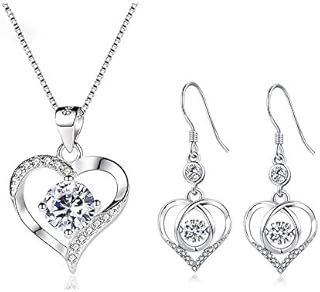Deyanse Silver Jewellery Sets for Women, 925 Sterling Silver Heart Pendant Necklace and Earring Set with White / Blue / Purple Cubic Zirconia, Jewellery Set Wedding Engagement Birthday Gifts