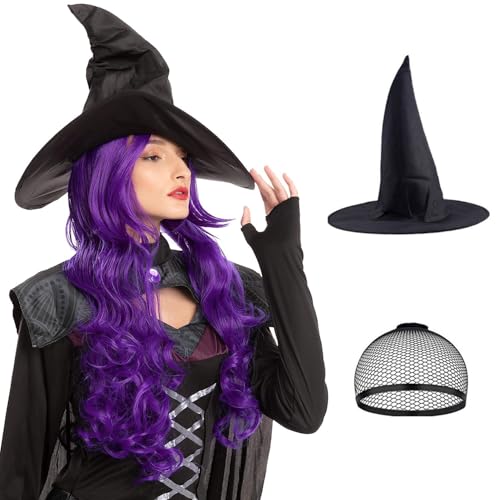 Porsmeer Halloween Witch Wig – Long Purple Wavy Hair Wig For Women, Girls – Black Witch Hat Included cover