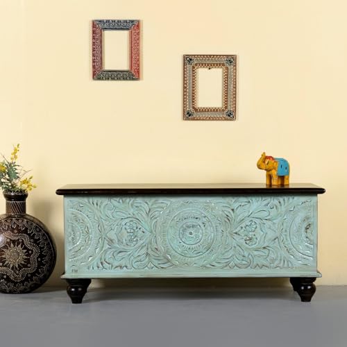 Image of Natura Solid Wood Coffee Table for Living Room Wooden Trunk Box for Storage | Handcrafted Center Table for Living Room with Sandook Storage | Pitara for Home and Bedroom (Walnut and Rustic)