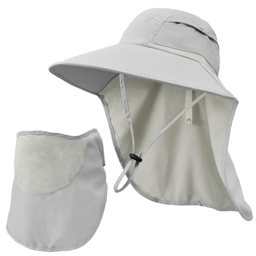 Image of Sun Hats for Men Women Detachable Face Cover Wide Brim Fishing Hats with Neck Flap UPF 50+ Outdoor Safari Hats