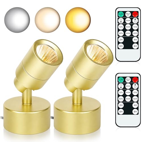 Image of 2 Pack LED Spot Lights Indoor, 3W Uplighting Indoor with Remote Control Dimmable and Timer, 3 Lighting Modes Spotlights, Accent Uplights Indoor Solid Wall Light for Plants Picture Artwork, Gold