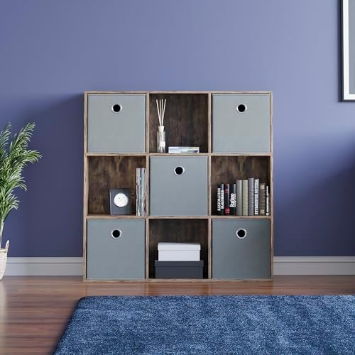 Vida Designs Durham Cube Bookcase Storage Organiser Living Room Bookshelf Home Office Furniture (9 Cube & 5 Grey Baskets, Dark Wood)