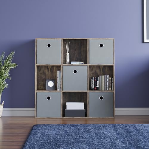 Vida Designs Durham Cube Bookcase Storage Organiser Living Room Bookshelf Home Office Furniture (9 Cube & 5 Grey Baskets, Dark Wood)