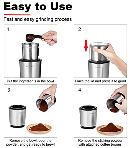 Coffee Grinder Electric, MOSAIC Herb Grinder, Spice Blender and Espresso Grinder with 2 Dishwahser Safe Stainless Steel Bowls for Coffee, Herb and Spices, Silver