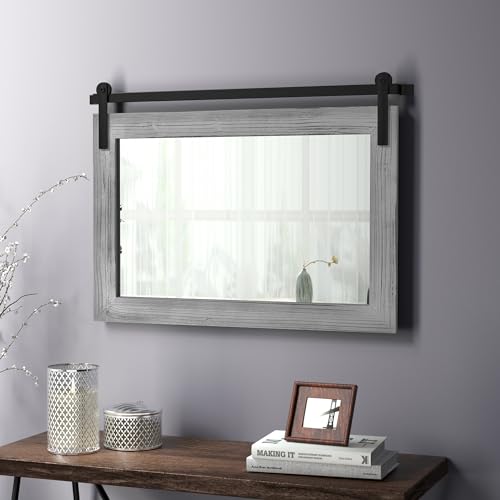Image of COGOOD Bathroom Mirrors for Over Sink - 41 inch x 30 inch Farmhouse Barn Door Mirror for Living Room, Entryway, Bedroom, Vanity Wall Decor Grey