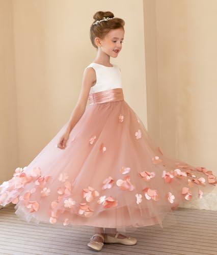 JISISANG 3D Floral Flower Girls Satin Tulle Princess Pageant Dresses for Wedding Formal Holiday Photo Shoot3