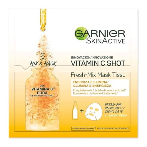 Garnier Fresh-Mix - Mascarilla de tejido de vitamina C iluminadora para la cara, máscara de chupito, 33 g