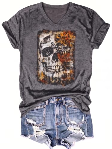 Women's V-Neck Graphic T-Shirts Boho Floral Short Sleeve Watercolor Print Tee Cute Vintage Summer Casual Tops (Small,Dark Gray-5)