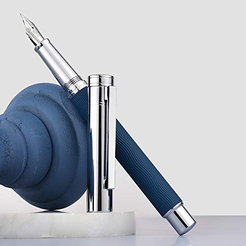 Hongdian 1843 Navigator Fountain Pen Fine Nib Solid Metal, Blue Ripple Pattern With Refillable Converter And Metal Pen Case #TOP2