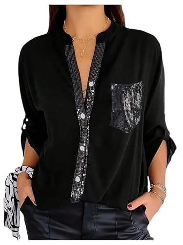 SOLY HUX Women's Sequin Tops Button Down Sparkle Shirts Casual Long Sleeve Blouses