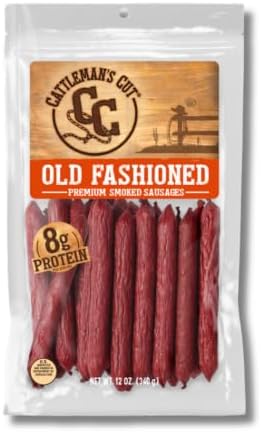 Cattleman's Cut Old Fashioned Smoke Sausage Meat Sticks, Premium Protein Snacks, Keto Friendly, Gluten Free, Carnivore Travel Snack, Resealable Bag, 12 Ounce