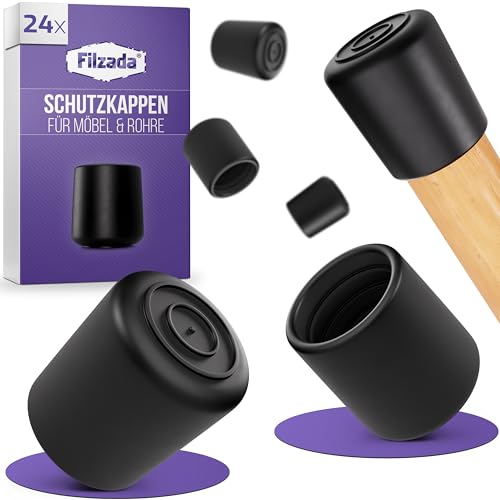 Filzada® 24x Stuhlbeinkappen Rund D20mm - Schwarze Schutzkappen für Stuhlbeine - Stuhlbeinkappen Outdoor geeignet - Gummifuß - Gummikappen - Gummikappe - Rohrkappen - Gummifüße Stuhl/Gartenstühle