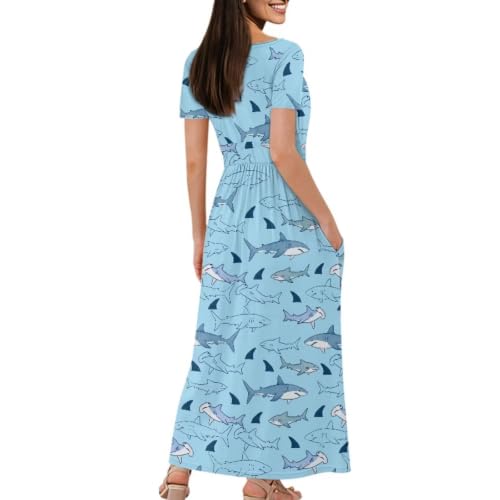 Image of Women's Fall Summer Short Sleeve Ankle Length V-Neck Party Dress with Pockets Size S-3XL
