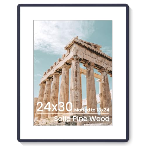 FLYJOE 24x30 Poster Frame | Solid Wood Picture Frame With Mat For 18x24 | Tempered Glass and Hanging Hardware Included | Puzzle Frame (Navy Blue, 1 Pack)