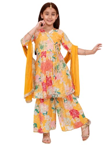 Image of Preneum Girls's Ethnic Cotton Bandhani & Lehariya Printed 3 /4 Sleeves Gotta Patti Angrakha Kurta with Sharara Set