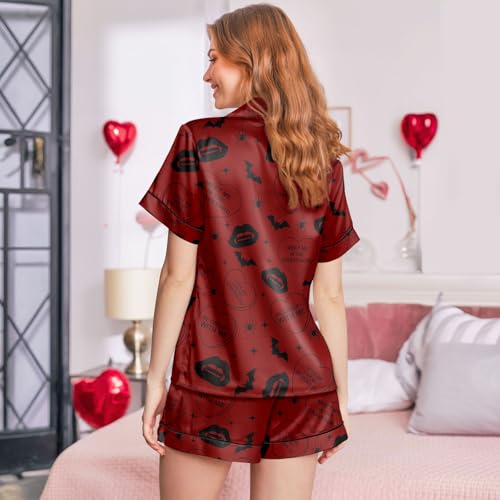 Image of Women's satin pajamas set, Short-sleeve button down Loungewear | Exclusive print on soft satin fabric; breathable comfort for sleep or lounge; button front top, elastic shorts; easy care
