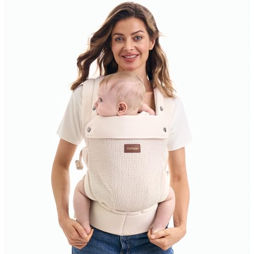 Momcozy Breathable Baby Carrier, Ergonomic and Lightweight Infant Carrier for 7-45lbs with Enhanced Lumbar Support, All Day Comfort for Hands-Free Parenting, Air Mesh-Apricot Beige
