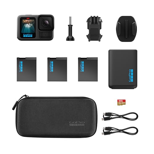 Image of GoPro HERO13 Black Extended Power Bundle - Includes Dual Battery Charger, 3 Enduro Batteries, 64GB microSD Card, Curved Adhesive Mount and Camera Case