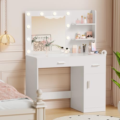 Image of YESHOMY 35.4 inch Vanity Desk with Mirror & Lights, Power Outlet,Fresh White