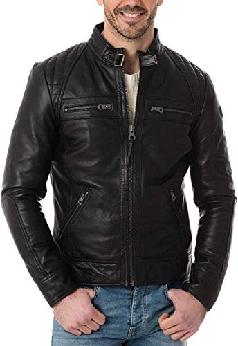 Image of 100% Leather Jacket for Men - Round Collar Slim Fit - Moto, Bomber, Biker Winter Casual Wear