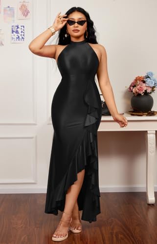 Memoriesea Women's Elegant High Neck Split Bodycon Mermaid Evening Cocktail Maxi Dress2