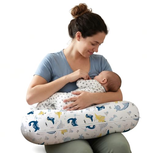 Image of Little Grape Land Ergonomic Nursing Pillow,New Breastfeeding Pillows Support for Mom and Baby,Breathable and Soft with Cute Washable Cover, Multi-Use Feeding Pillow for 0-12 Months, Dinosaur