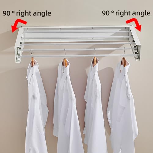 Wäscheständer Wandmontage aus Kohlenstoffstahl & Aluminium, Einfache Wäscheständer Wand, Faltbar Wand Wäschetrockner für Innen & Außen, Wandwäschetrockner Ausziehbar für Balkon (Weiß mit 4 Haken)