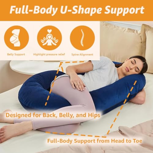 Image of Amazon Basics Velvet Full Body Pregnancy Pillow for Maternity,Baby Nursing,Full Body Support|C-Shaped-Washable Cover with Zip- Navy Blue