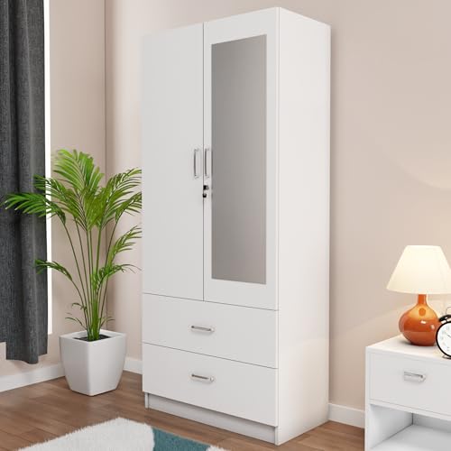 Image of VIKI Wardrobe | Albarracin Wardrobe | Wooden Almirah for 2 Door Wardrobe with 2 Drawer & Hanging Space with Mirror (Frosty White - 40D x 80W x 180.8H) | 1 Year Warranty | Free Assembly