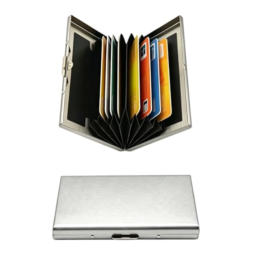 Psxixjsm Porte-cartes en acier inoxydable, protection RFID NFC avec 6 compartiments, boîte de rangement pratique pour cartes bancaires et cartes de visite, argenté, 9,5 × 6,5 cm, Élégant