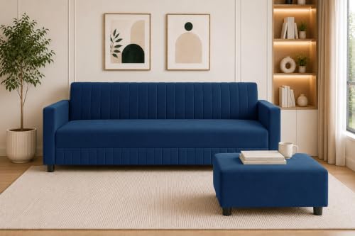 Image of Modern 3-Seater Velvet Sofa with Ottoman | Vertical Channel Tufted Backrest | Plush Cushioned Seating | Stylish Contemporary Sofa for Living Room, Bedroom & Office | Blue