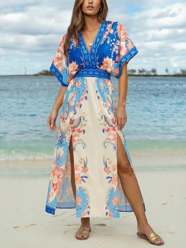 Image of CUPSHE Womens Tropical Floral Maxi Dress V Neck Short Sleeve Smocked Side Slit Dress Summer Vacation Beach Pocket Long Dress