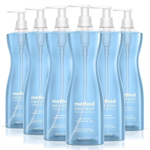 Image of Method Gel Dish Soap, Sea Minerals Scent, Tough on Grease & Stuck-on Food, Cruelty Free Formula, Made with Recycled Plastic, 18 Fl Oz (Pack of 6)