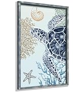 Sea Turtle Bathroom Wall Decor: Blue Turtles Artwork Coastal Wooden Wall Art with Framed Picture ...