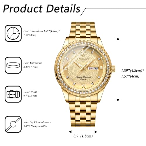 Image of JewelryWe Couple Gold Quartz Watch: Business Analog Full Diamond Day Date 3ATM Waterproof Luminous Hands Stainless Steel Removable Strap Casual Wrist Watch for Father's Day