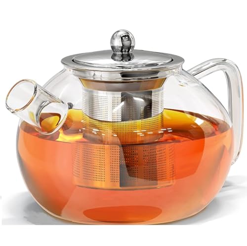 Image of Gas Stove Safe Glass Kettle - 1000ml Borosilicate Teapot with Steel Infuser, Heat-Resistant Design & Drip-Free Spout for Loose Leaf and Blooming Teas (1000ml)