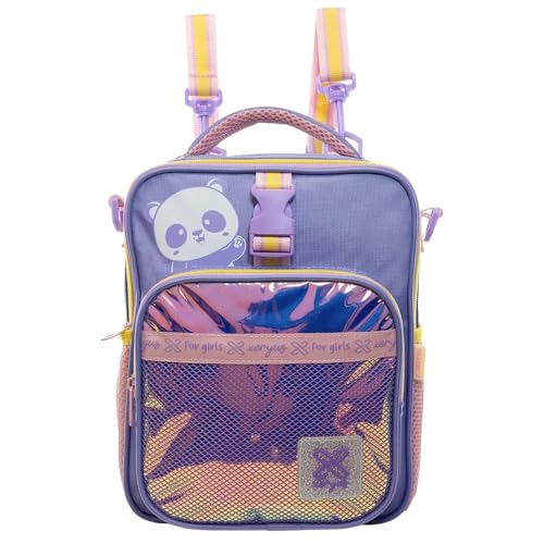 Kit Mochila Rodinhas Holográfica Com Lancheira Térmica E Estojo Box Escolar Panda Roxo Infantil Juve