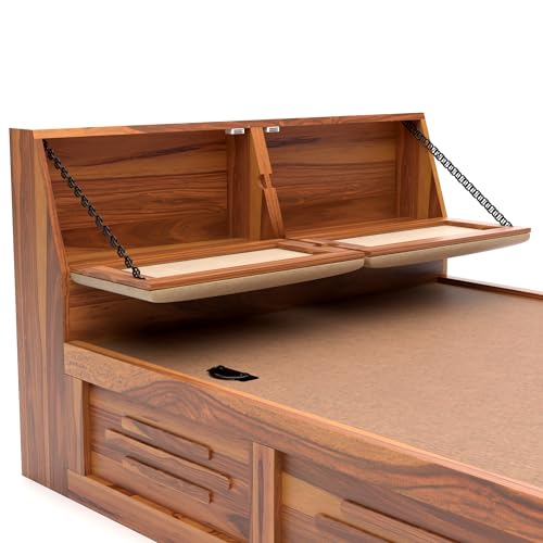 Image of Solid Sheesham Wood Armania Single Size Bed with Hydraulic Storage Bed for Bedroom Living Room Solid Wooden Furniture Bed for Home Hotels -(Natural Finish) 1 Year Warranty (Natural)