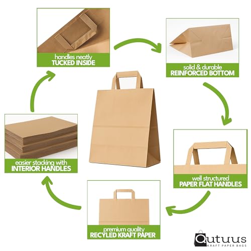 Qutuus Large Brown Paper Bags with Handles Bulk - 100 Pcs 12x7x14 Paper Grocery Bags, Kraft Shopping Bags with handle for Recycling, Delivery, Take Out, To Go, Retail, Gift by Qutuus - Image 5