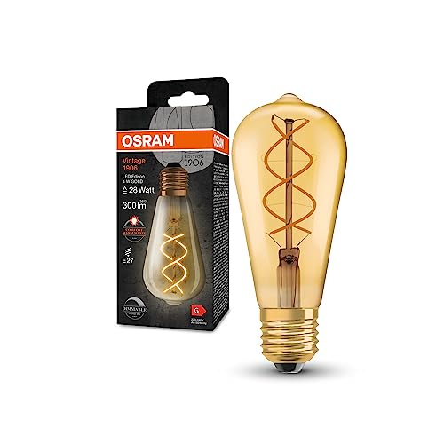 OSRAM Vintage 1906 Goldene Filament LED Lampe aus Glas in Edison-Form, Sockel E27, 300 Lumen, 28W-Ersatz, sehr warmes weiß fast wie Kerzenlicht (2000K), dimmbar