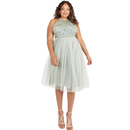 Maya Deluxe Women's Damen Womens Ladies Midi with Halter Neck Tulle for Evening Graduation Prom Wedding Ball Gown Bridesmaid Dress, Green Lily, 36
