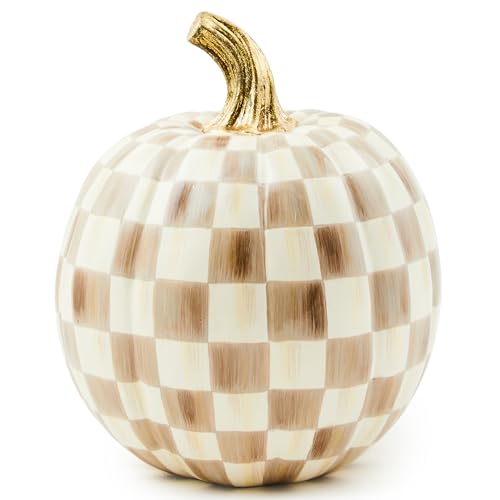 MACKENZIE-CHILDS Small Pumpkin, Resin Halloween Home Decor, Brown-and-White Mocha Check